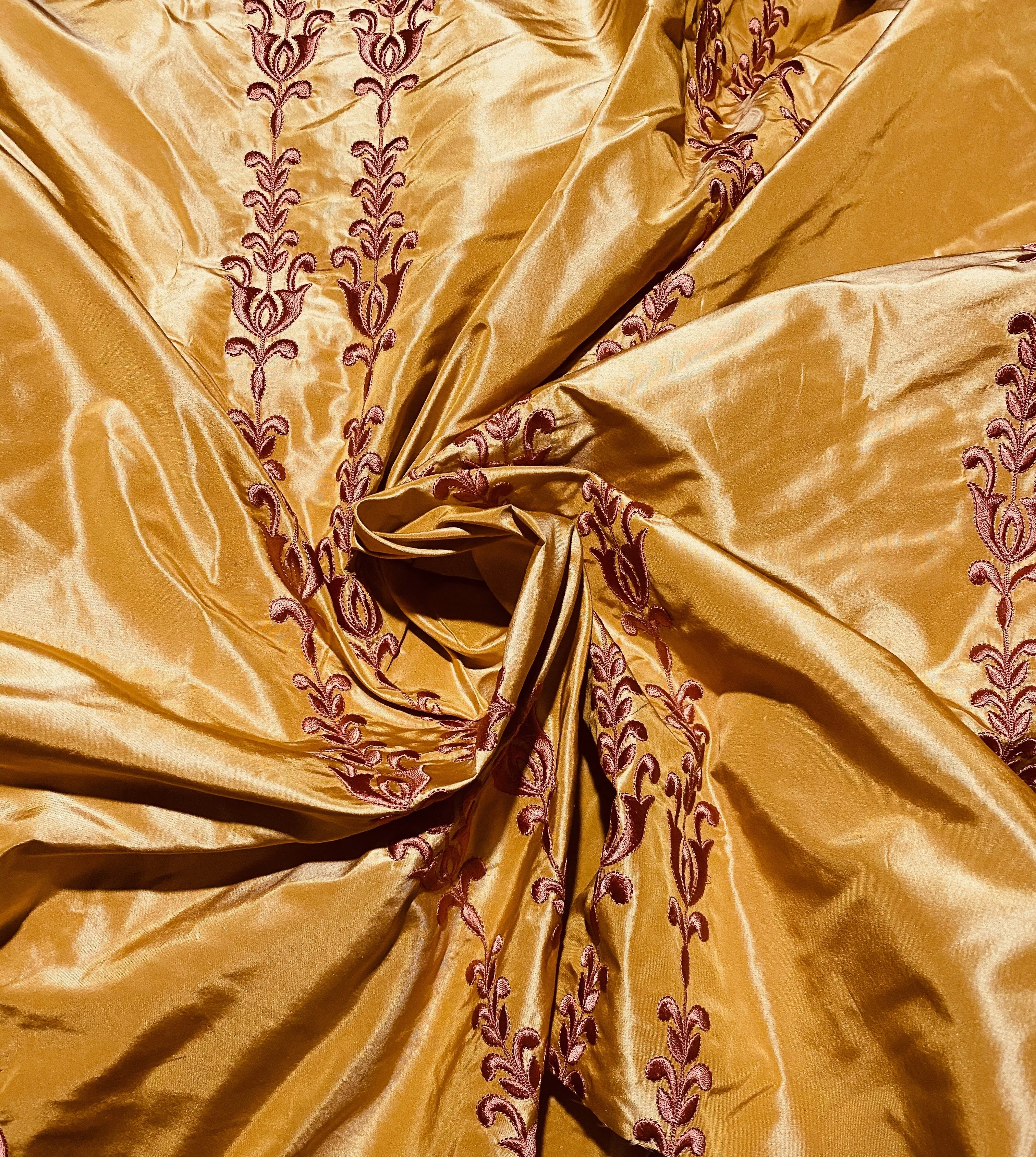 NEW Queen Marguerite 100% Silk Taffeta Fabric with Pumpkin Yellow with Dark Red Tulip Embroidery Stripes