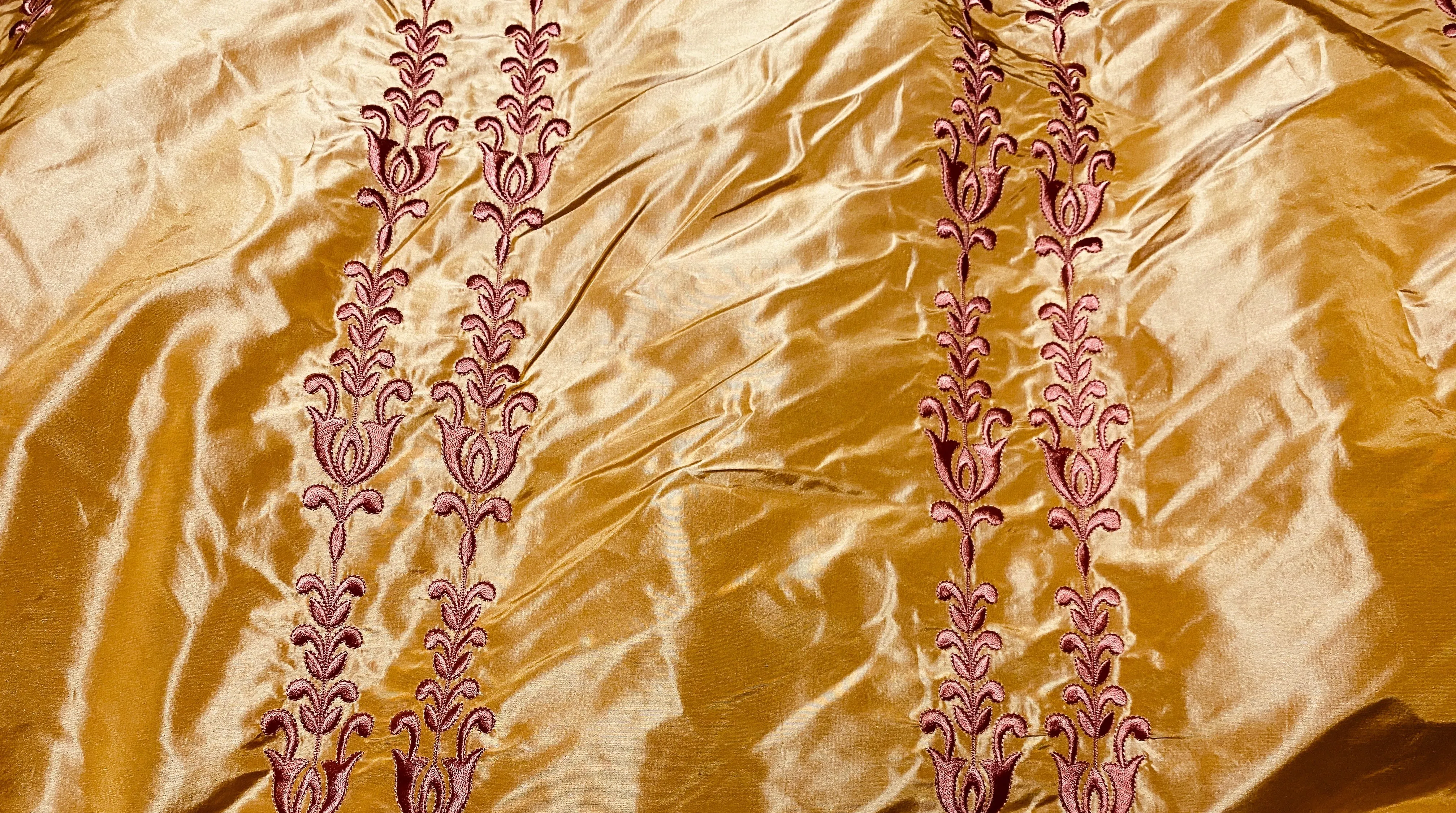 NEW Queen Marguerite 100% Silk Taffeta Fabric with Pumpkin Yellow with Dark Red Tulip Embroidery Stripes