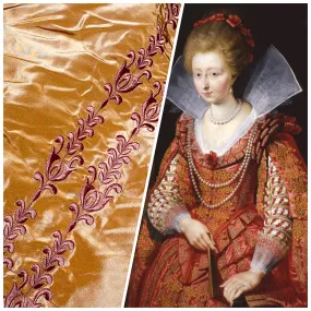 NEW Queen Marguerite 100% Silk Taffeta Fabric with Pumpkin Yellow with Dark Red Tulip Embroidery Stripes