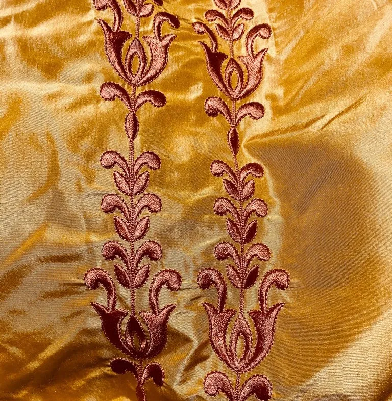 NEW Queen Marguerite 100% Silk Taffeta Fabric with Pumpkin Yellow with Dark Red Tulip Embroidery Stripes