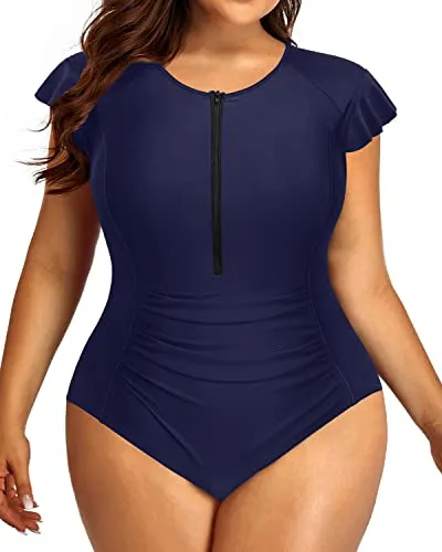 One Piece Rash Guard Swimwear With Zipper Front For Curvy Women-Navy Blue