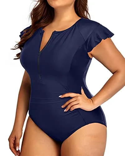 One Piece Rash Guard Swimwear With Zipper Front For Curvy Women-Navy Blue