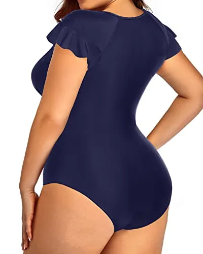 One Piece Rash Guard Swimwear With Zipper Front For Curvy Women-Navy Blue