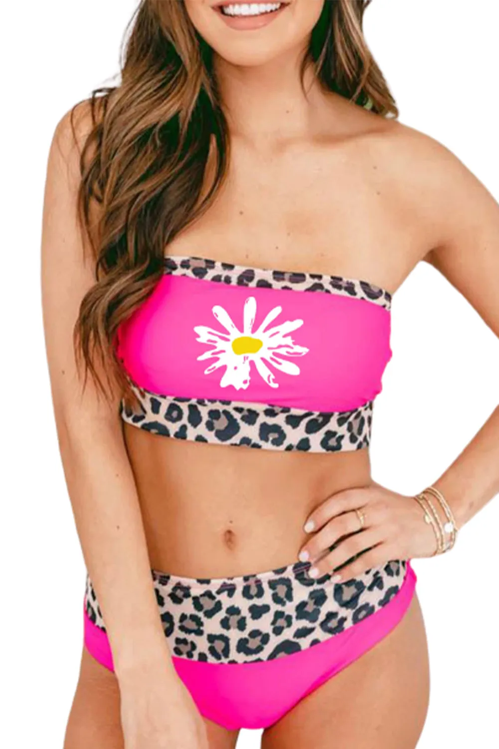 Pink Cheetah Print Two Piece Bandeau Bikini