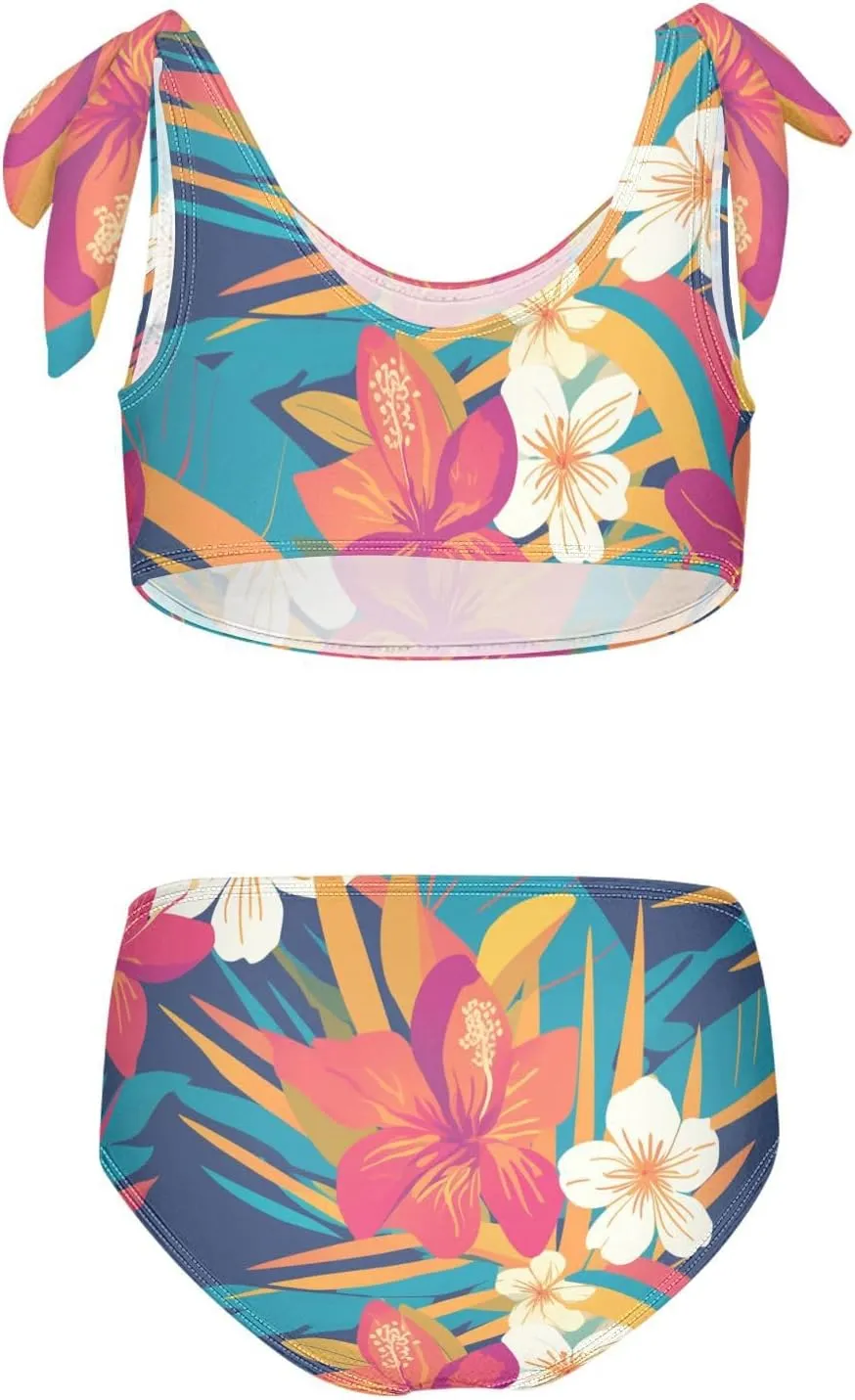Retro Boho Flower Girl 2 Piecing Kids Bikini Set Scoop Neck Bathing Suit Swimwear Adjustable Strap