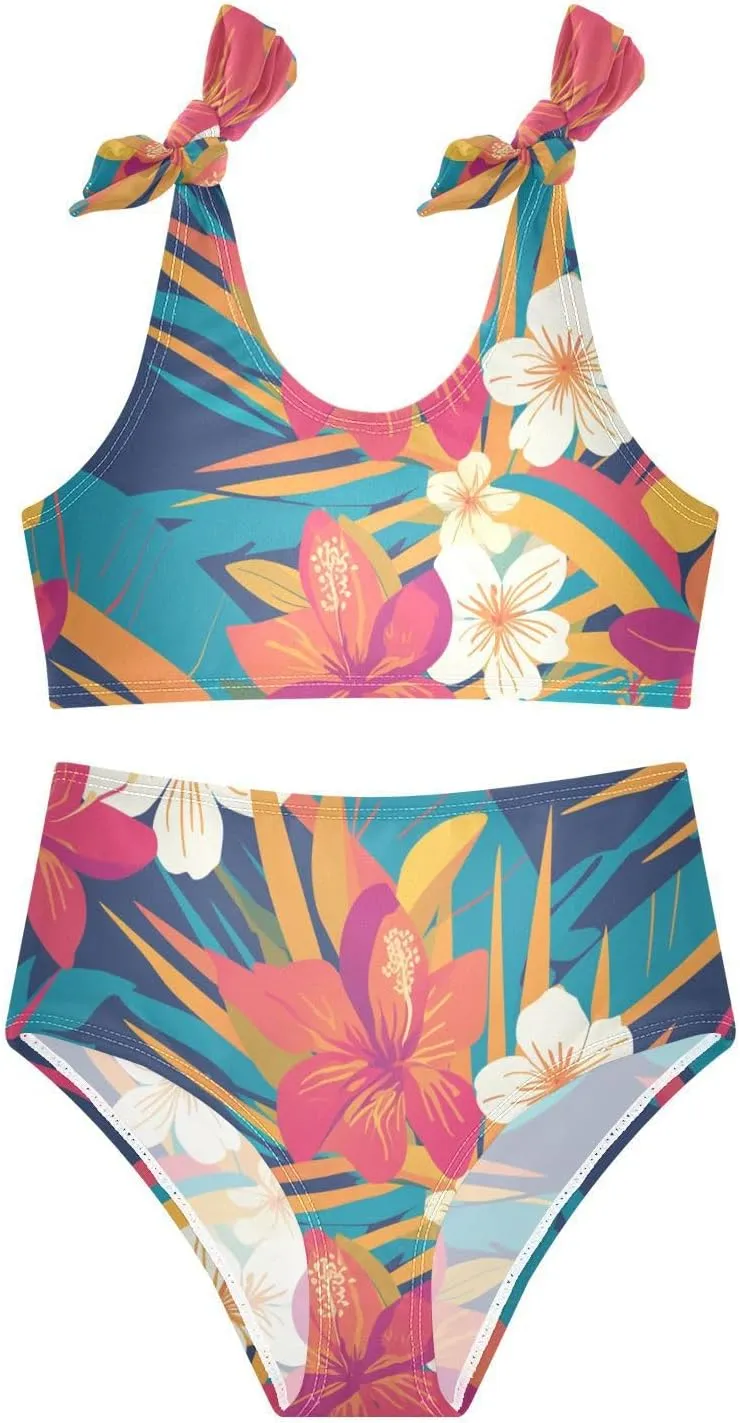 Retro Boho Flower Girl 2 Piecing Kids Bikini Set Scoop Neck Bathing Suit Swimwear Adjustable Strap