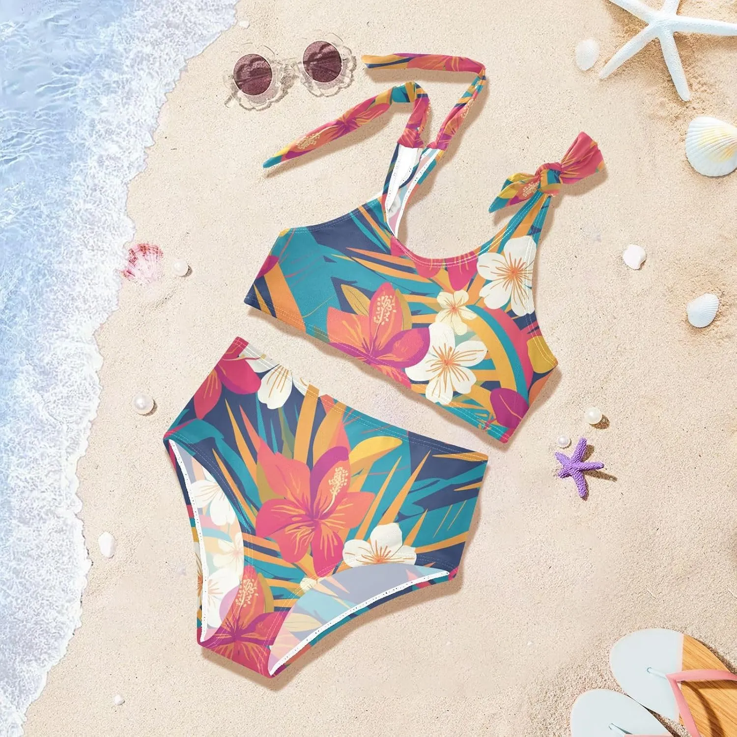 Retro Boho Flower Girl 2 Piecing Kids Bikini Set Scoop Neck Bathing Suit Swimwear Adjustable Strap