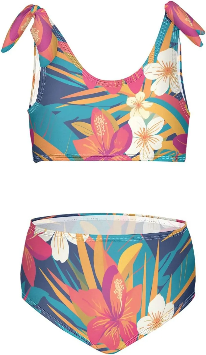 Retro Boho Flower Girl 2 Piecing Kids Bikini Set Scoop Neck Bathing Suit Swimwear Adjustable Strap