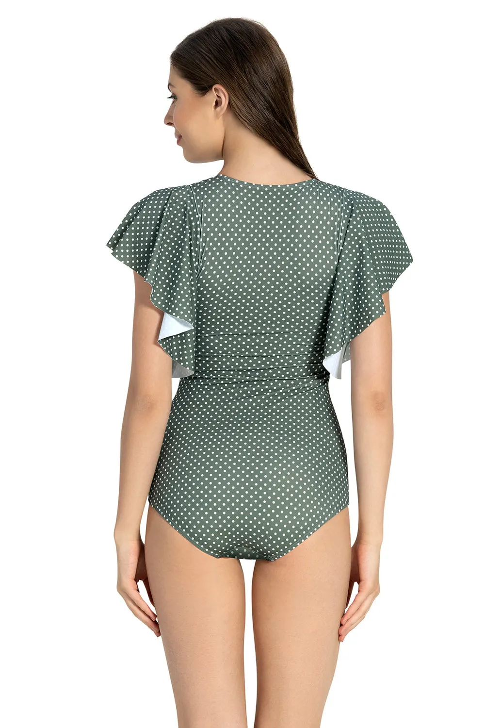 Ruffle Sleeve One Piece Swimwear - Olive-Polka-Pr