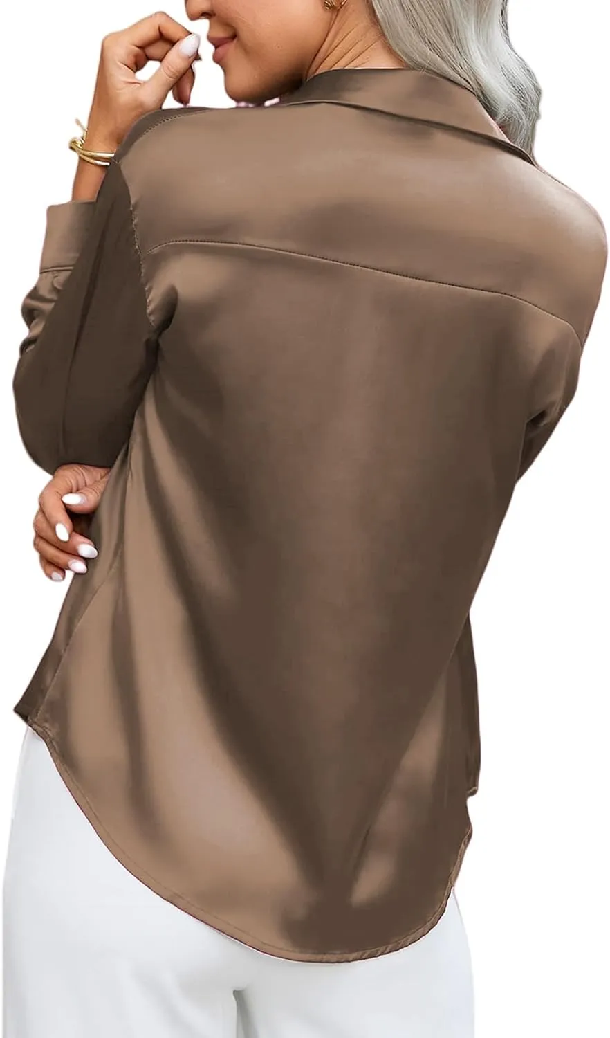 Satin Blouses for Women Dressy Silk Lapel Button Down Long Sleeve Shirts Casual Loose Solid Color Office Work Shirt