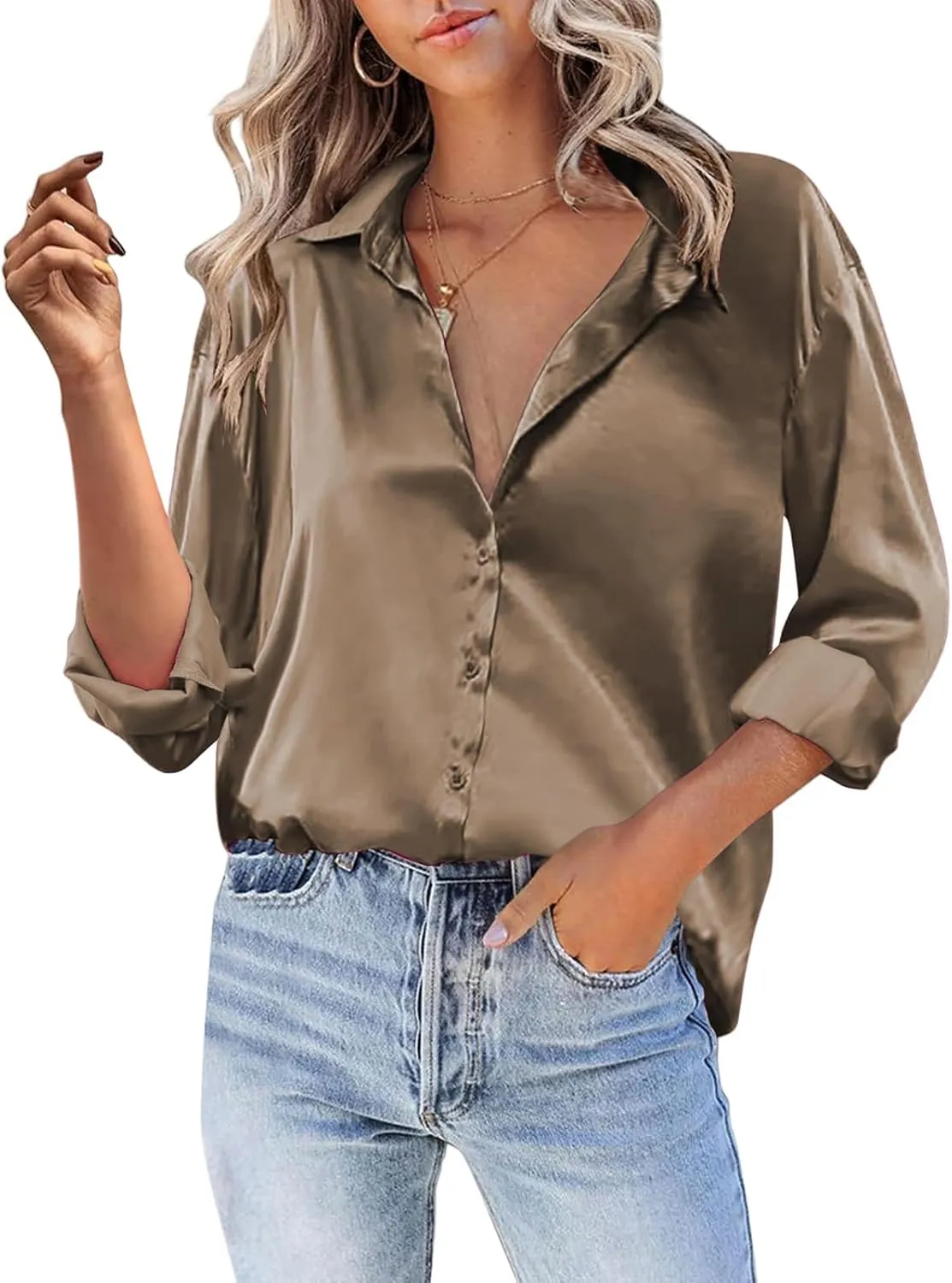 Satin Blouses for Women Dressy Silk Lapel Button Down Long Sleeve Shirts Casual Loose Solid Color Office Work Shirt