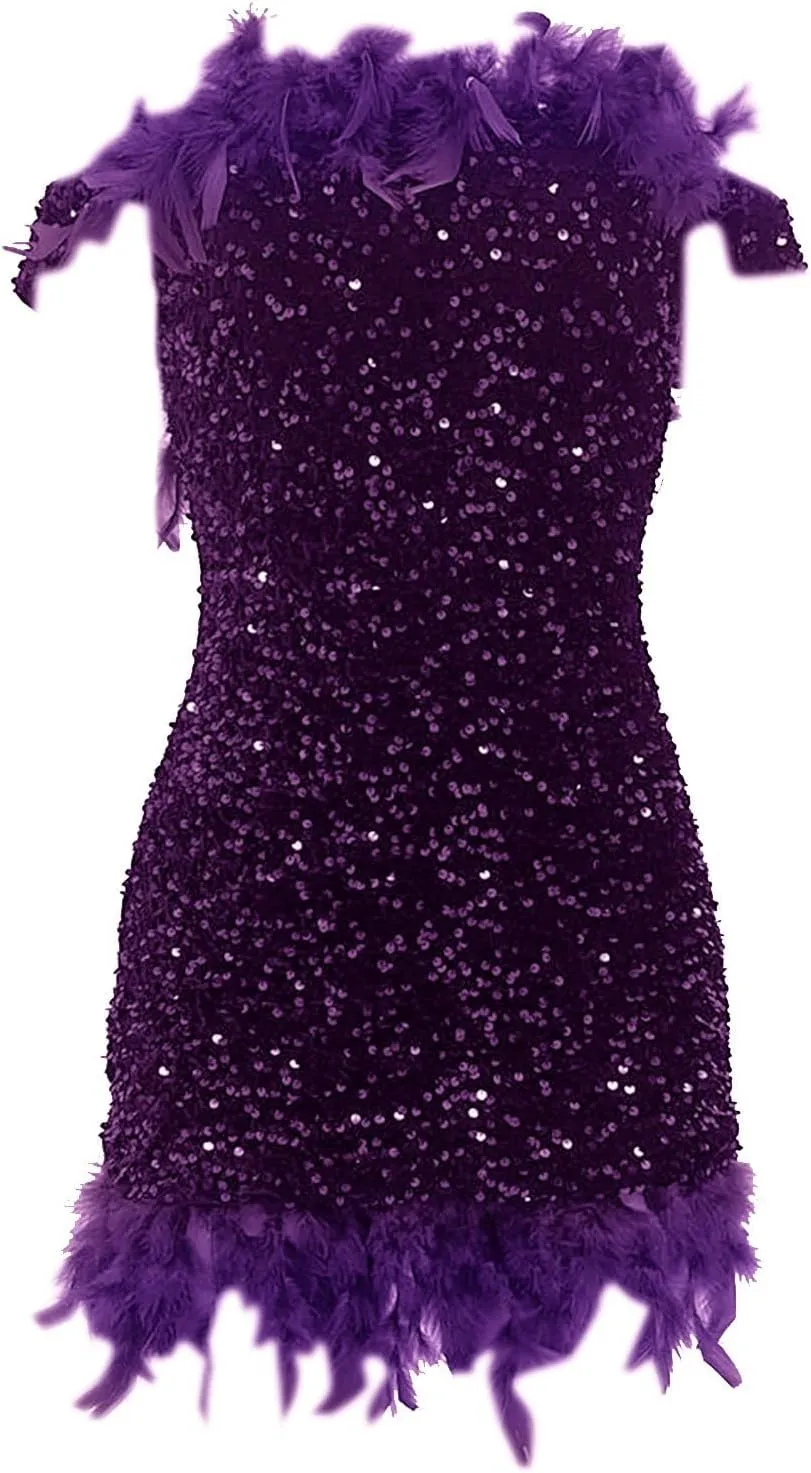 Sequin Feather Dress for Women Bodycon Short Dresses Off Shoulder Mini Dress Plus Size Club Party Night Outfits