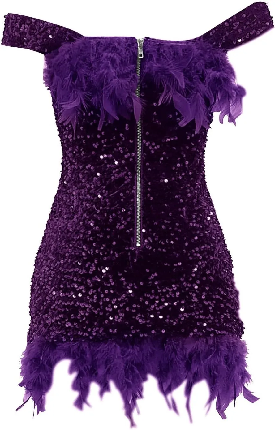 Sequin Feather Dress for Women Bodycon Short Dresses Off Shoulder Mini Dress Plus Size Club Party Night Outfits