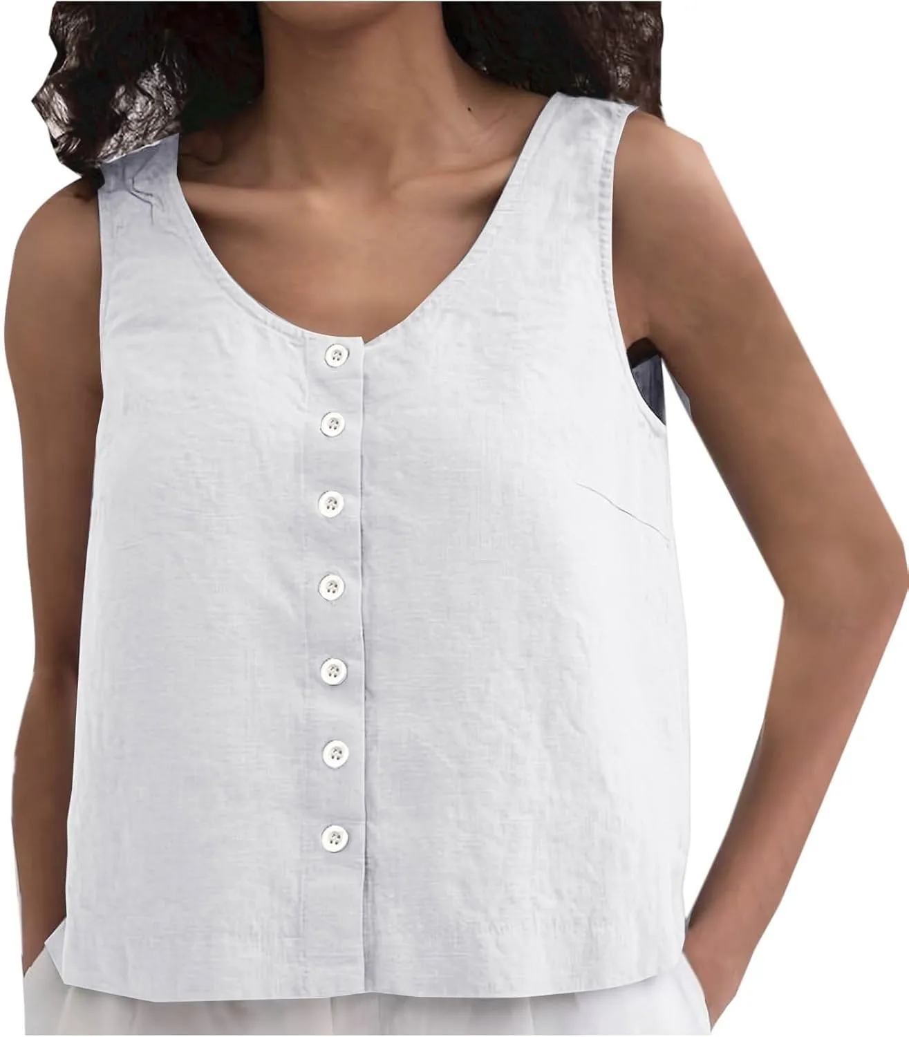Summer Cotton Linen Tank Tops Women Sleeveless Round Neck Tees Shirts Elegant Solid Color Front Button Comfy Blouses