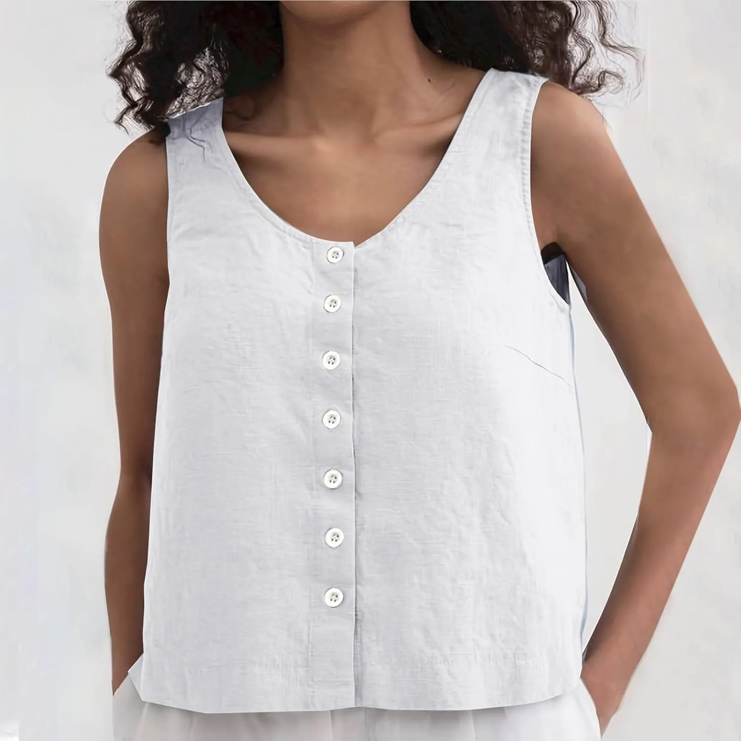 Summer Cotton Linen Tank Tops Women Sleeveless Round Neck Tees Shirts Elegant Solid Color Front Button Comfy Blouses