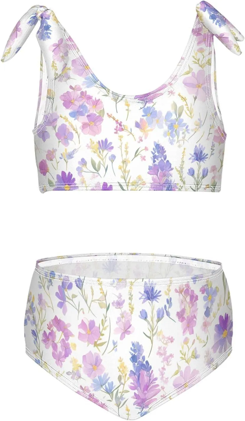 Watercolor Floral Botanical Boho Watercolor Girls Two Piecing Kids Bikini Set Quick-Dry Bathing Suit Swimwear Adjustable