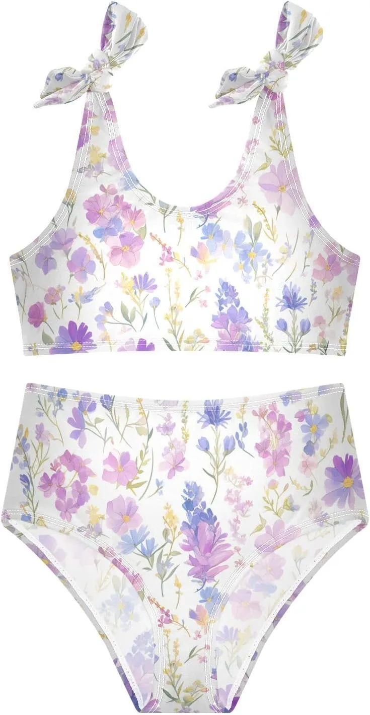 Watercolor Floral Botanical Boho Watercolor Girls Two Piecing Kids Bikini Set Quick-Dry Bathing Suit Swimwear Adjustable