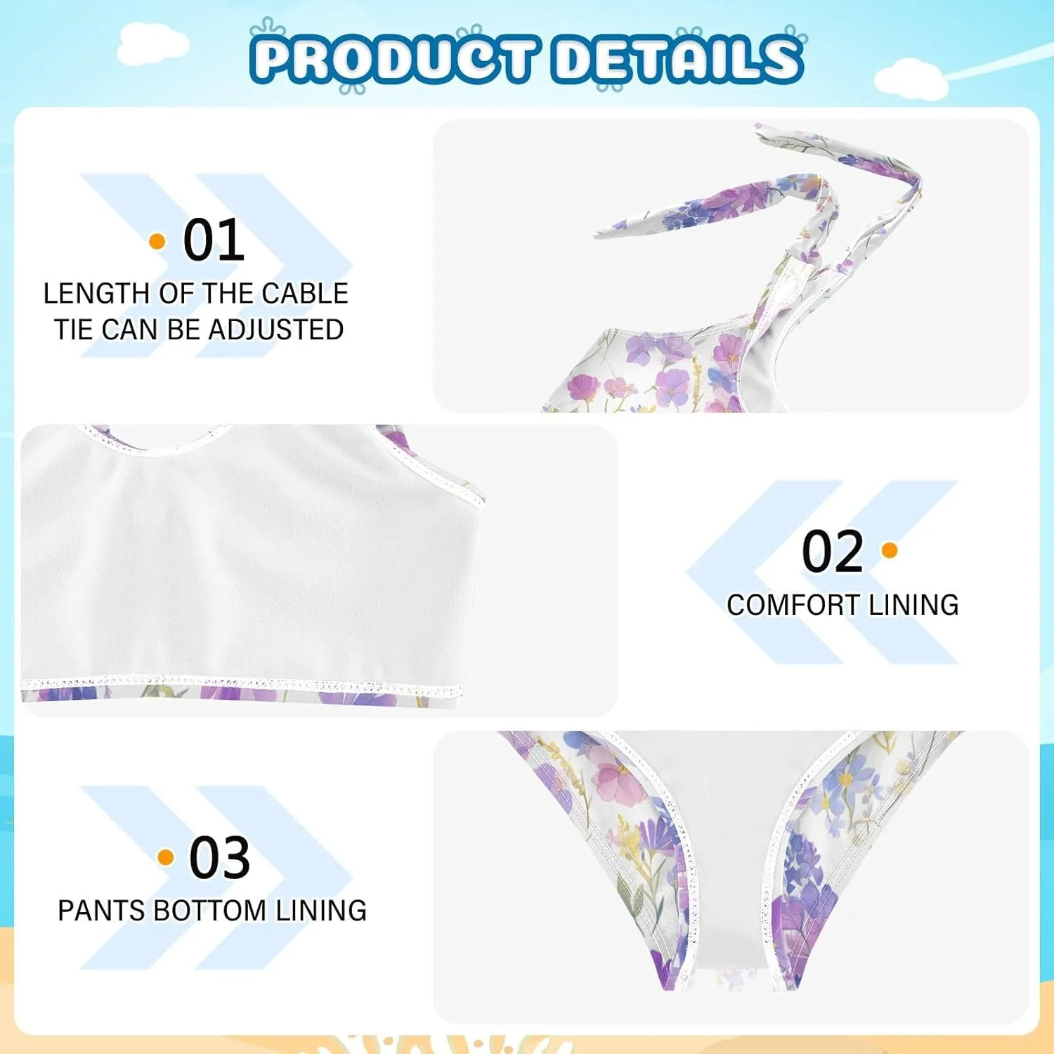 Watercolor Floral Botanical Boho Watercolor Girls Two Piecing Kids Bikini Set Quick-Dry Bathing Suit Swimwear Adjustable