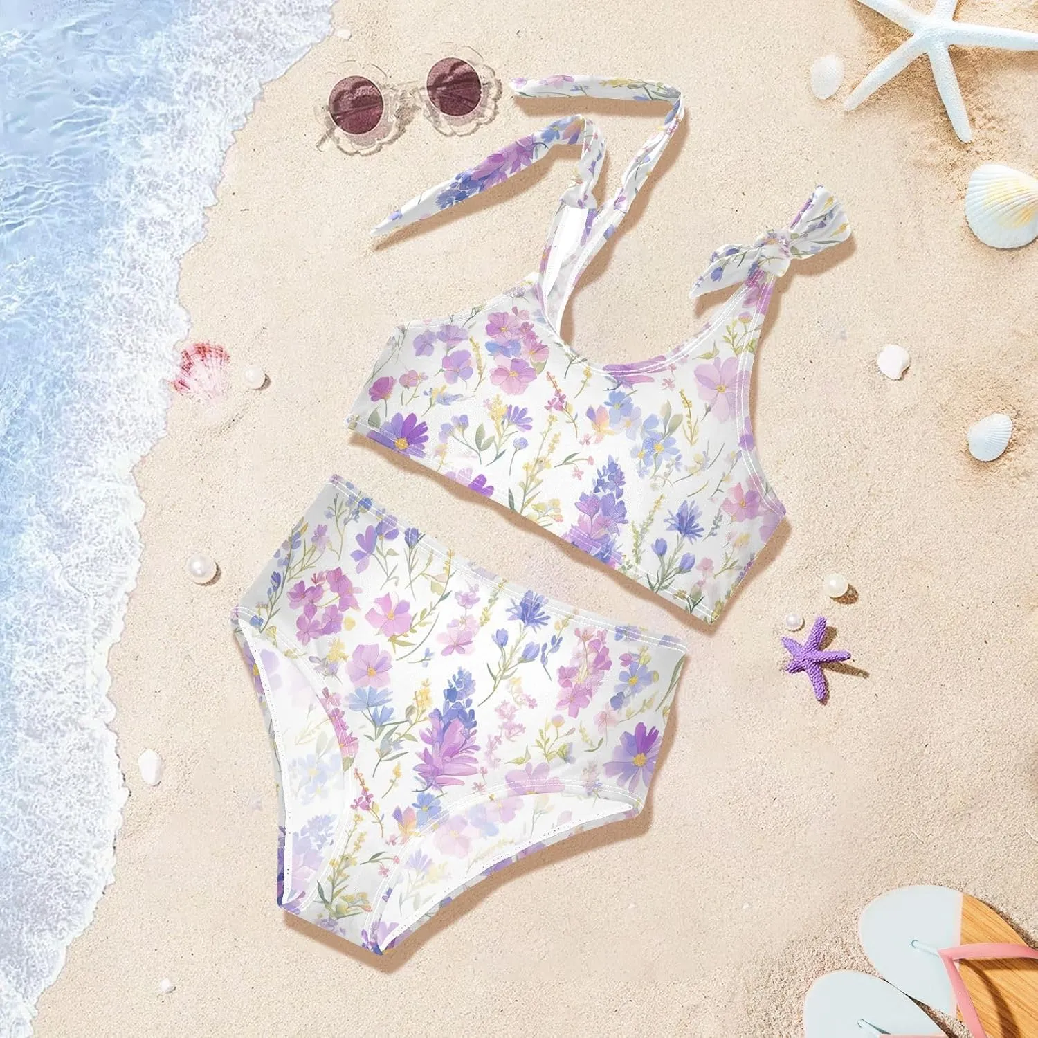Watercolor Floral Botanical Boho Watercolor Girls Two Piecing Kids Bikini Set Quick-Dry Bathing Suit Swimwear Adjustable