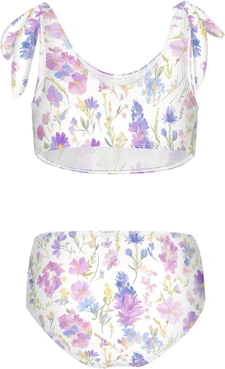 Watercolor Floral Botanical Boho Watercolor Girls Two Piecing Kids Bikini Set Quick-Dry Bathing Suit Swimwear Adjustable