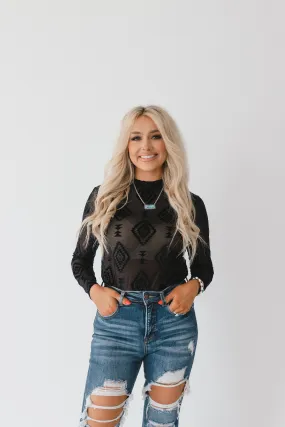 Western Whispers Velvet Mesh Sheer Womans Top