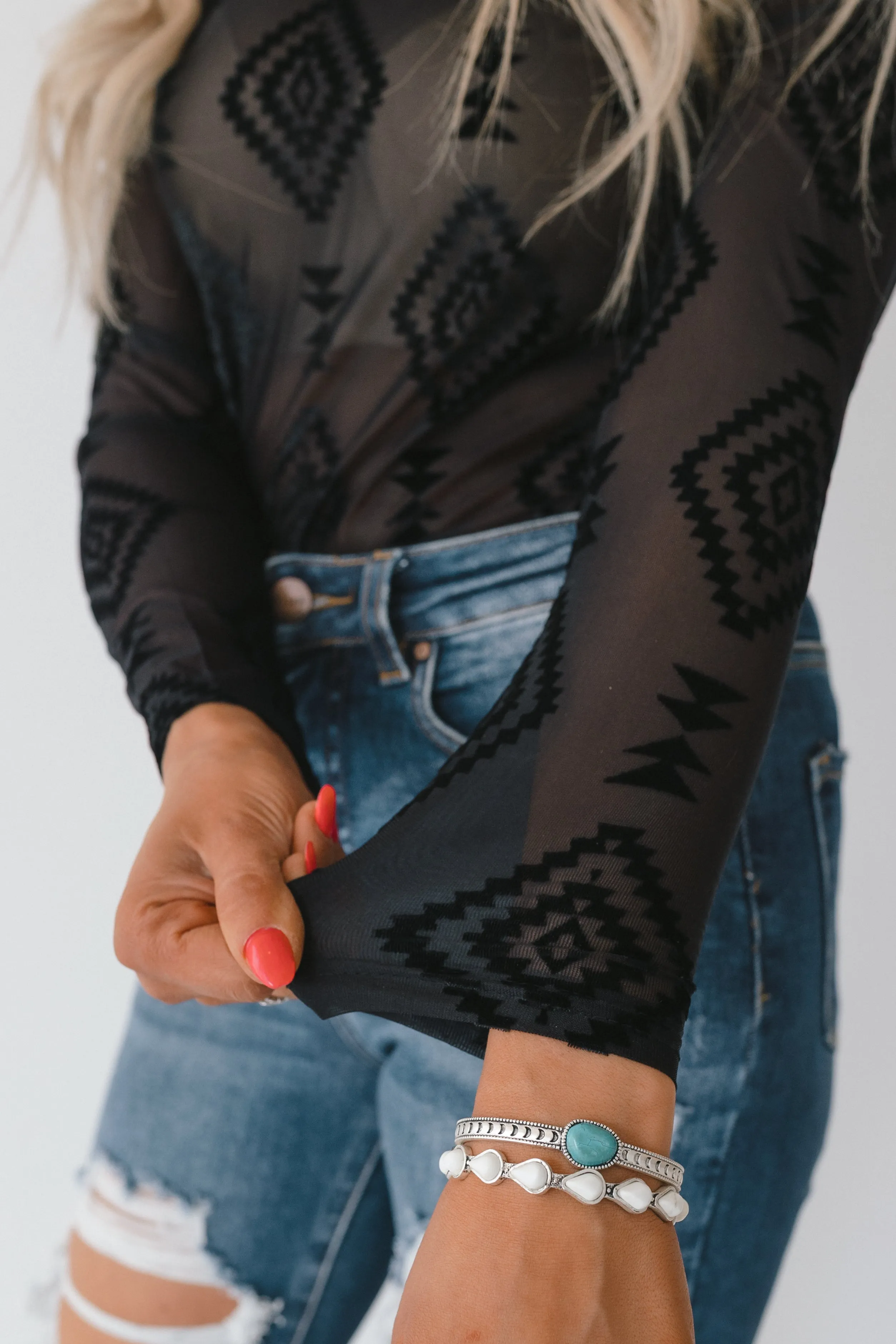 Western Whispers Velvet Mesh Sheer Womans Top