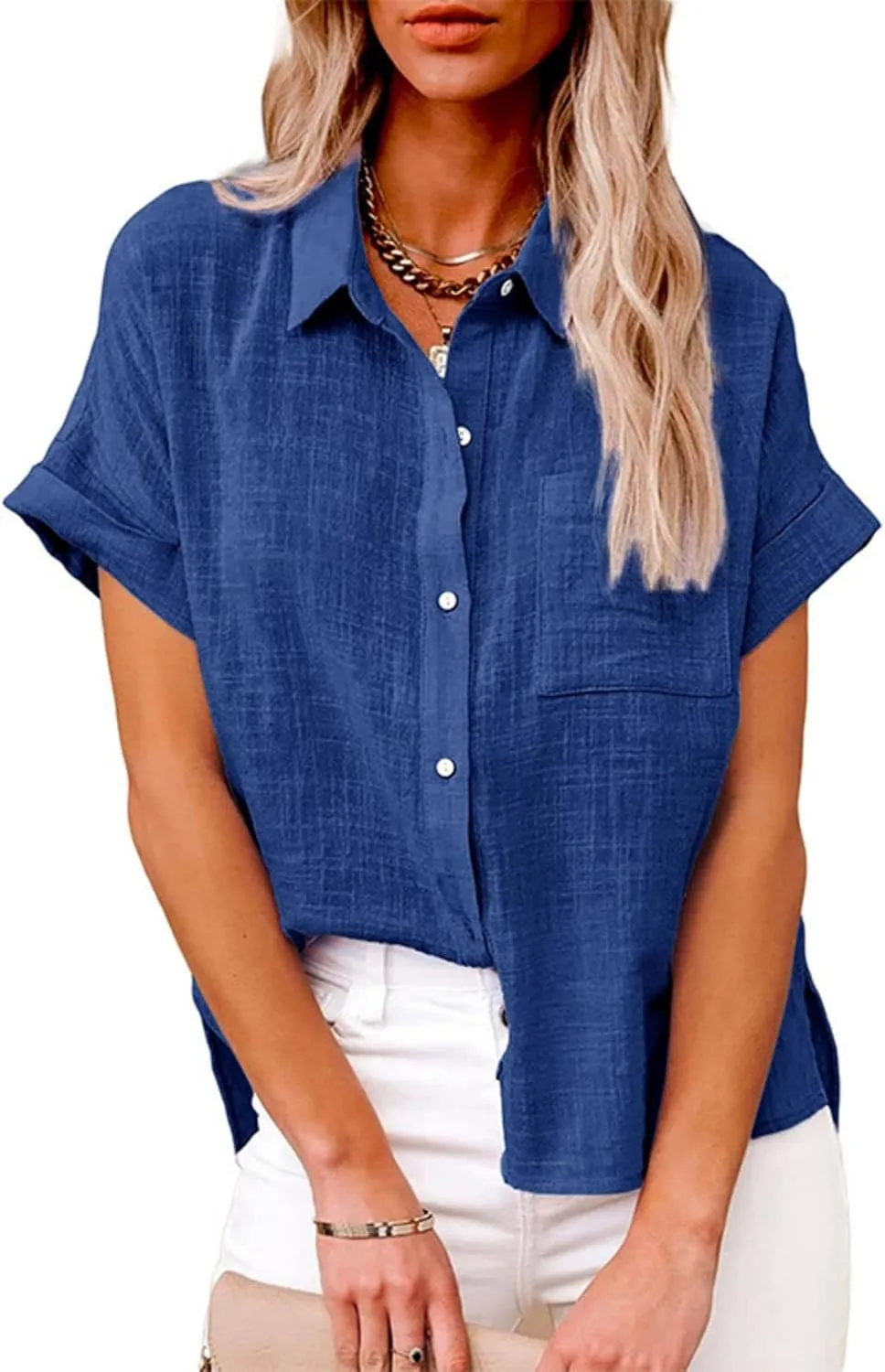 Women Linen Shirts Casual Short Sleeve Shirts Fashion V Neck Collared Button Down Tops Summer Work Blouses with Pocket