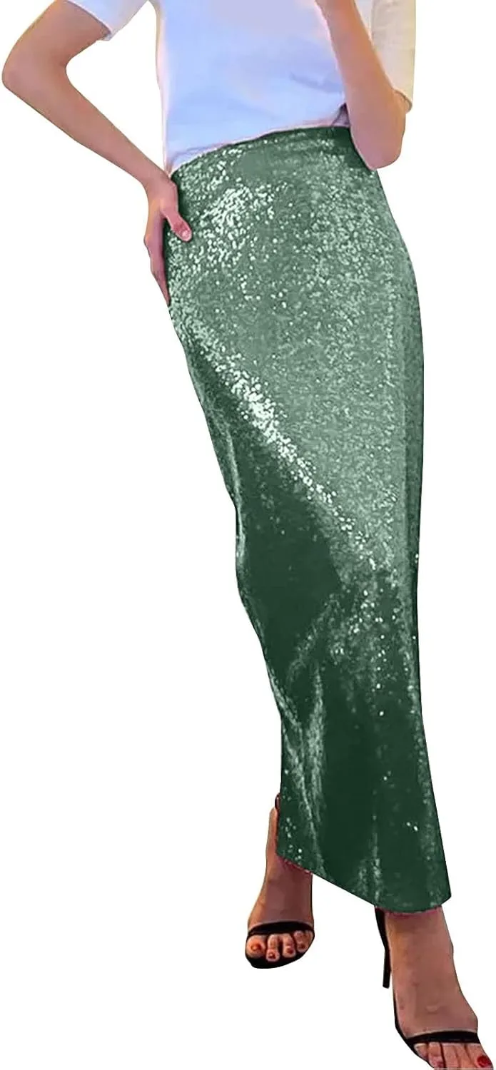Women Sequin Skirt Sparkly Cute High Waist Ruffle Women's Elastic Waisted Bodycon Sparkle Night Out Silver Sparkly