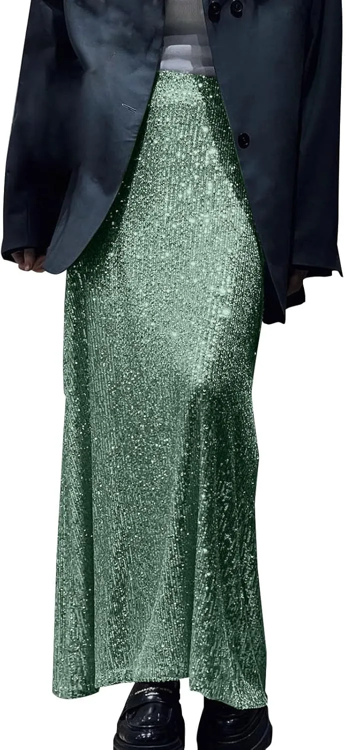 Women Sequin Skirt Sparkly Cute High Waist Ruffle Women's Elastic Waisted Bodycon Sparkle Night Out Silver Sparkly