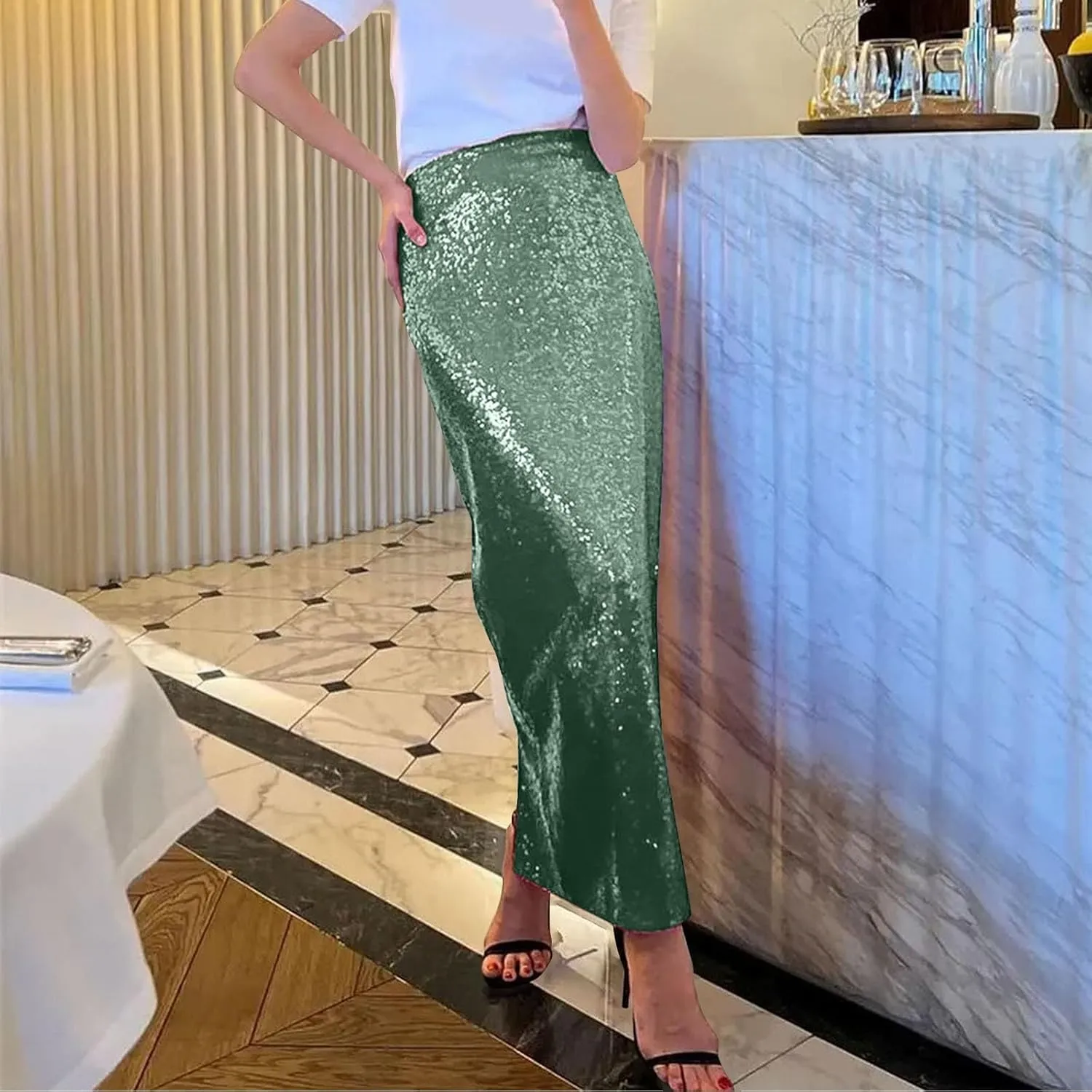 Women Sequin Skirt Sparkly Cute High Waist Ruffle Women's Elastic Waisted Bodycon Sparkle Night Out Silver Sparkly