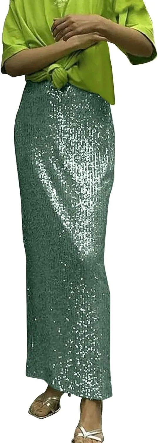 Women Sequin Skirt Sparkly Cute High Waist Ruffle Women's Elastic Waisted Bodycon Sparkle Night Out Silver Sparkly