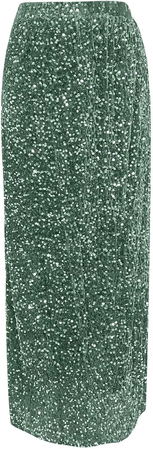 Women Sequin Skirt Sparkly Cute High Waist Ruffle Women's Elastic Waisted Bodycon Sparkle Night Out Silver Sparkly