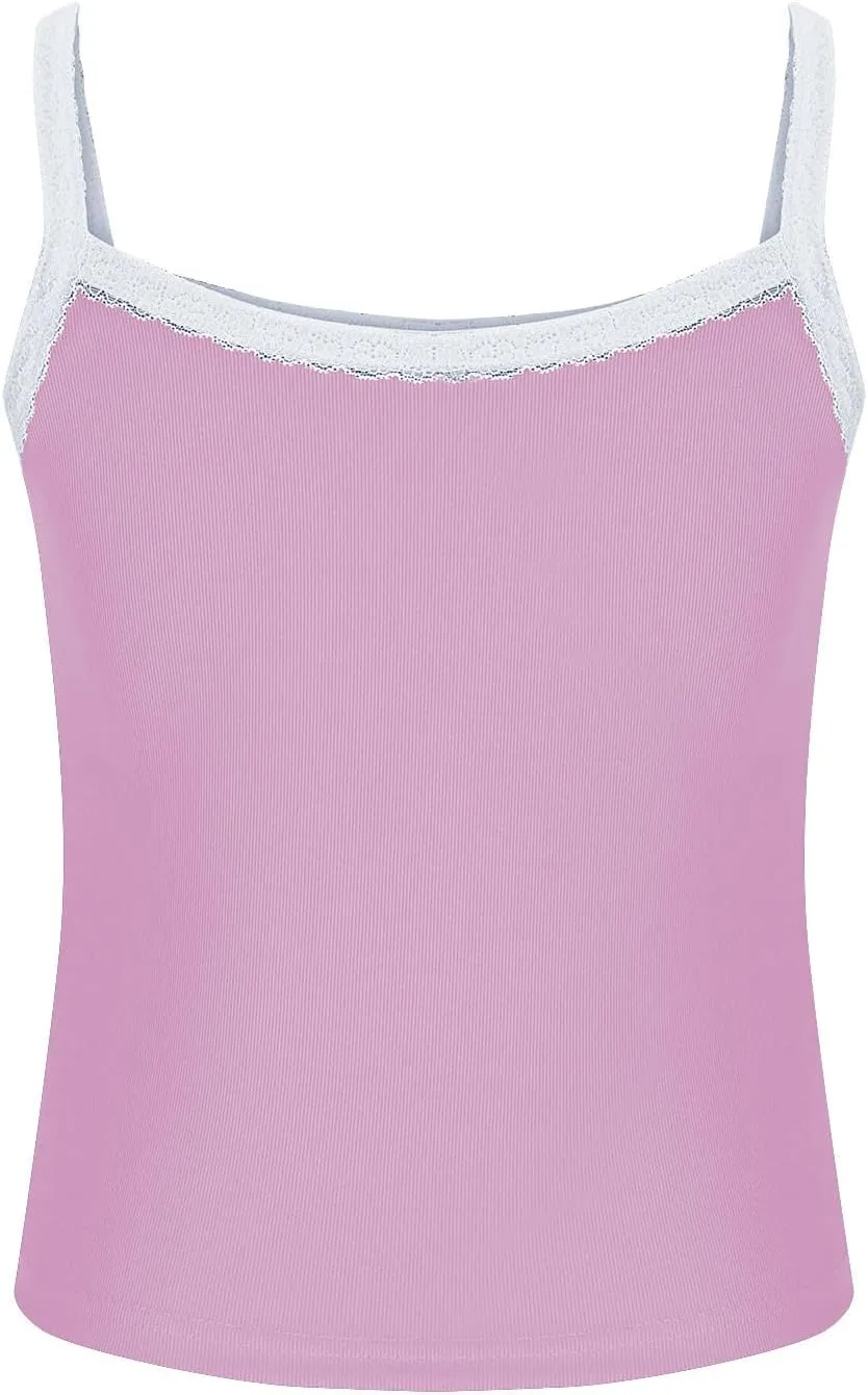 Women Strappy Square Neck Crop Tank Tops, Summer Sleeveless Slim Fit Lace Trim Trendy Clothes Going Out Casual Shirts