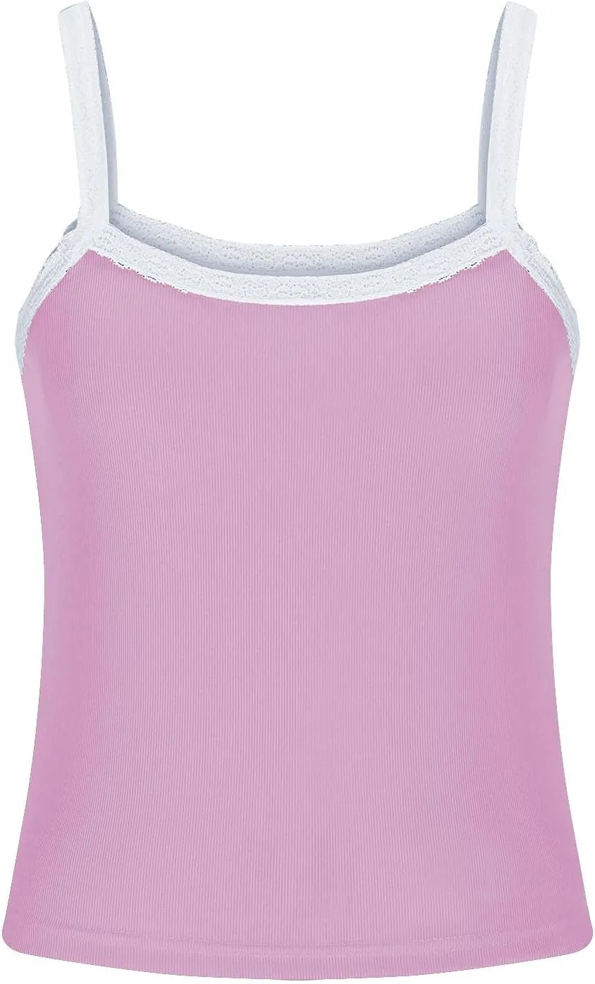 Women Strappy Square Neck Crop Tank Tops, Summer Sleeveless Slim Fit Lace Trim Trendy Clothes Going Out Casual Shirts