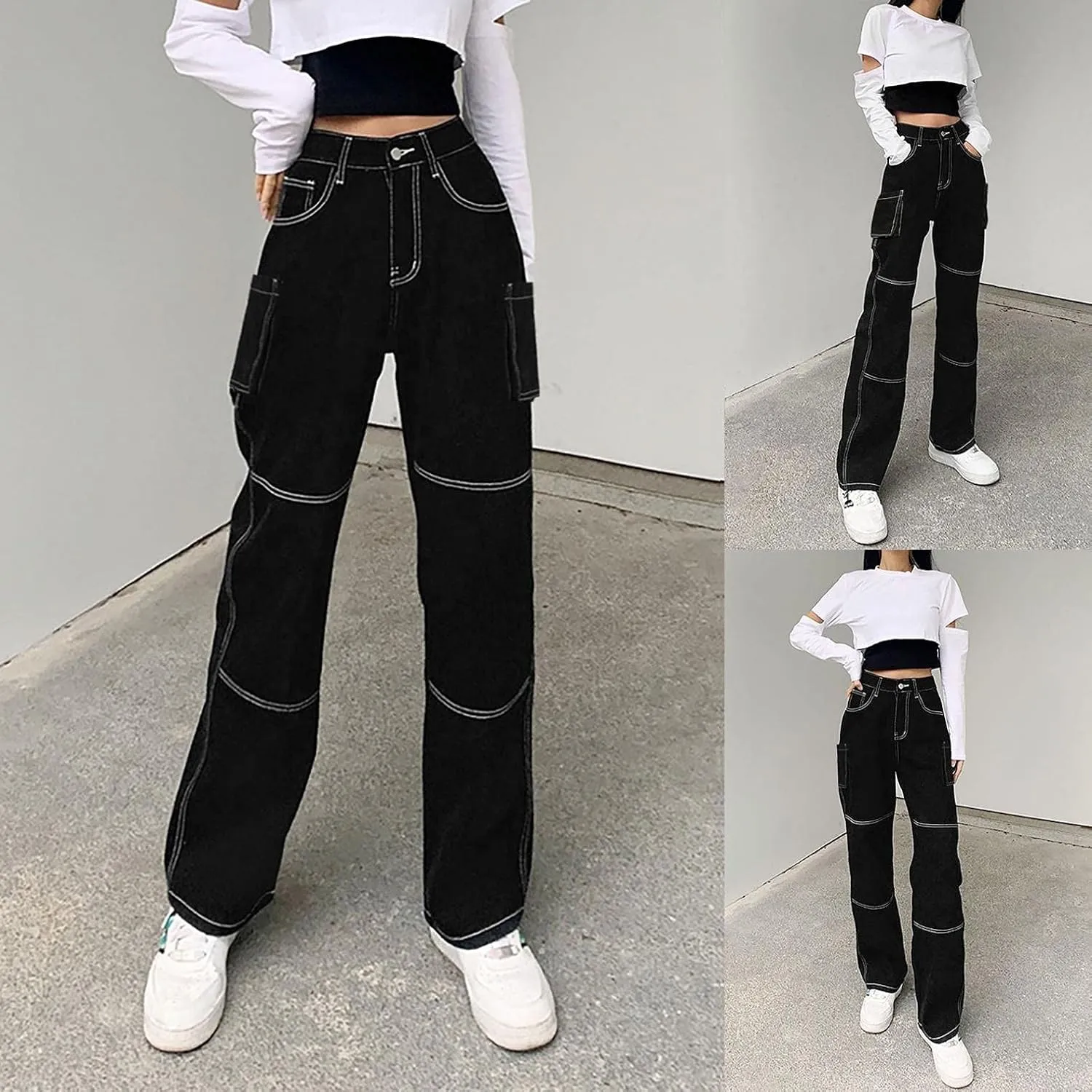 Women's Fashion Baggy Jeans High Waist Denim Pants Straight Wide Leg Y2K E-Girls Trousers Streetwear Boyfriend Jeans
