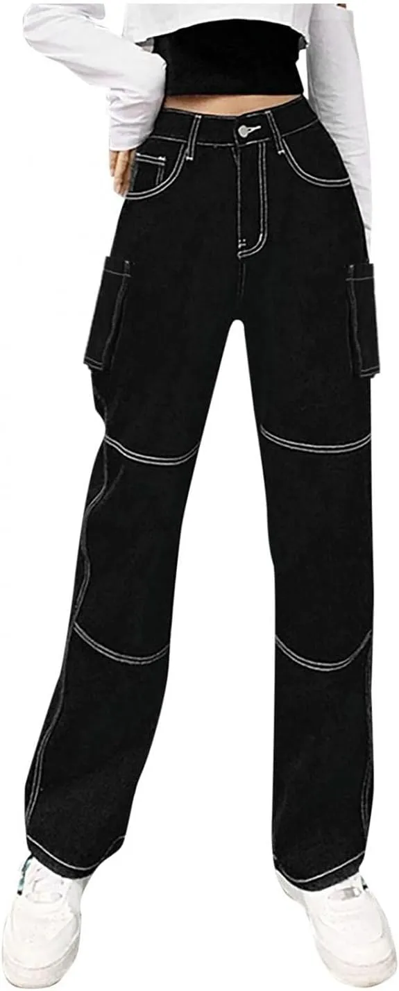 Women's Fashion Baggy Jeans High Waist Denim Pants Straight Wide Leg Y2K E-Girls Trousers Streetwear Boyfriend Jeans