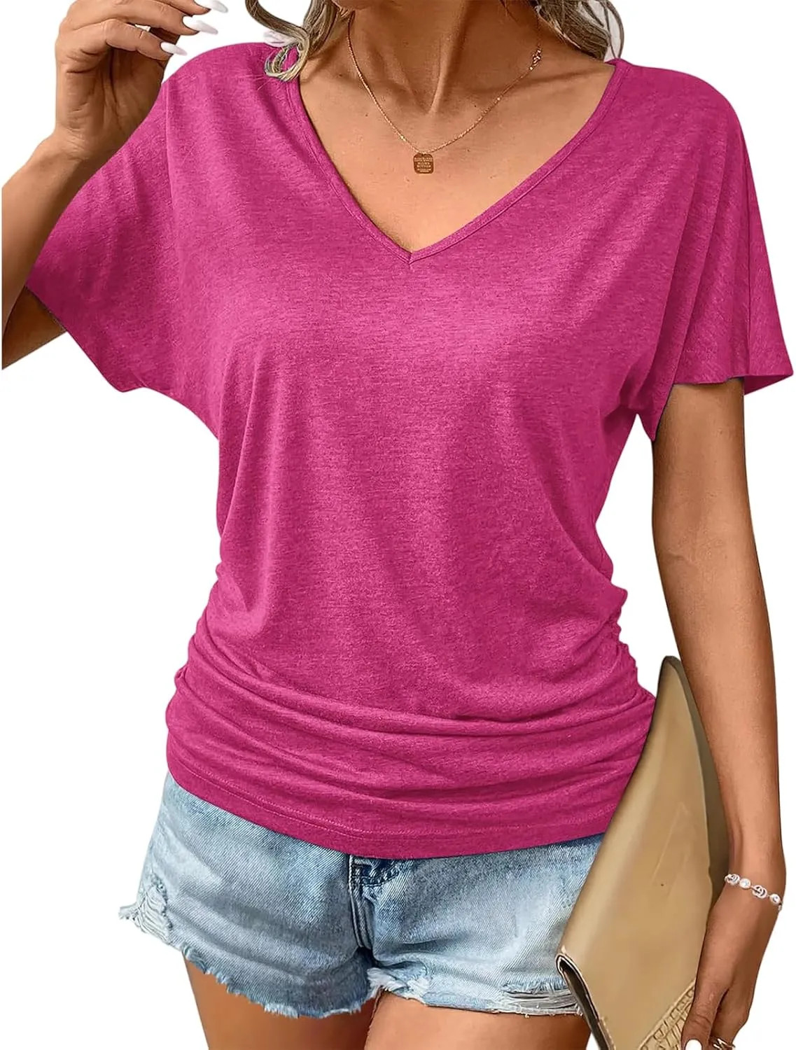 Womens Summer Tops Casual V Neck Short Sleeve T-Shirts Loose Fit Solid Color Tunic Pullover Tops Basic Tee Shirts