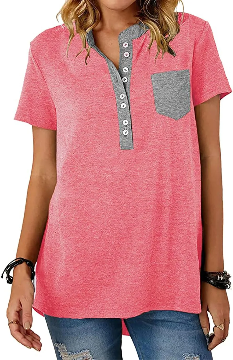 Womens Tshirts Fashion V Neck Buttons Down Tops Short Sleeve Casual Tees Shirts Summer Loose Fit Tops Blouses for Work