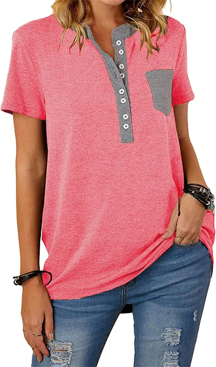 Womens Tshirts Fashion V Neck Buttons Down Tops Short Sleeve Casual Tees Shirts Summer Loose Fit Tops Blouses for Work