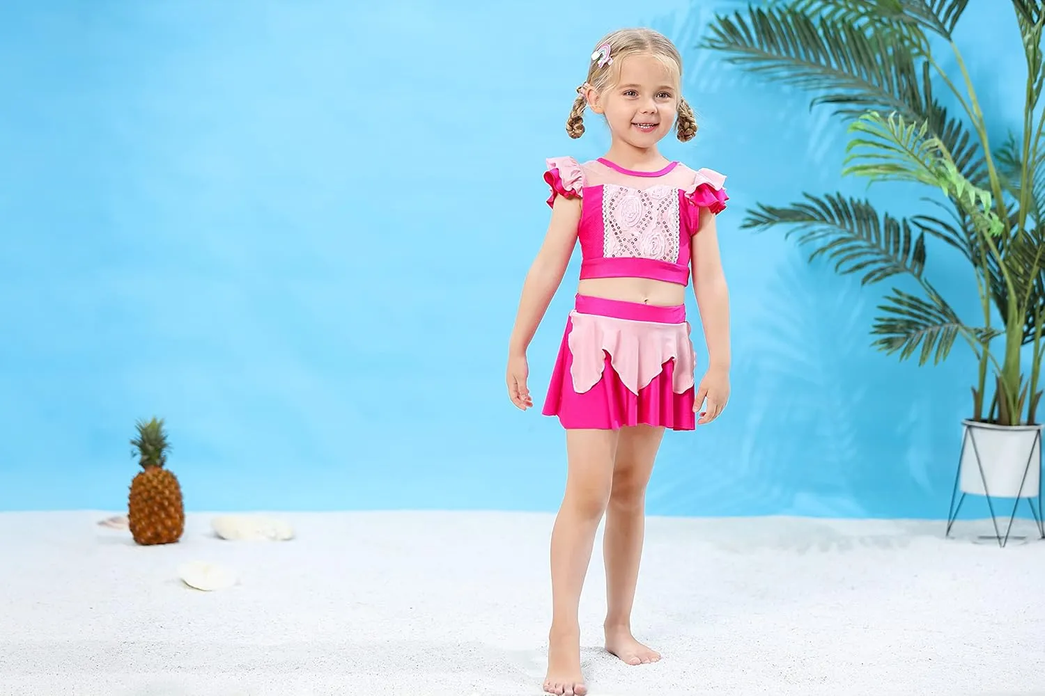WonderBabe Girls Princess Two Piece Swimsuit Kids Bathing Suits Ruffles Fancy Swimwear Surf Beach Summer Swimming Tankini Set