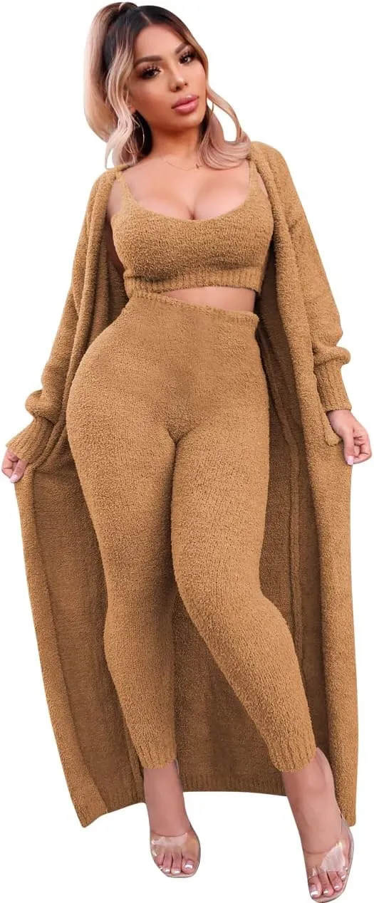 yidengymx Fleece Open Front Cardigan Crop Tank Tops & Bodycon Long Pants Loungewear Sets for Women Womens Fuzzy 3 Piece Sweatsuit, Fall Winter Pajamas Three Piece Knit Tracksuit Outfits Khaki