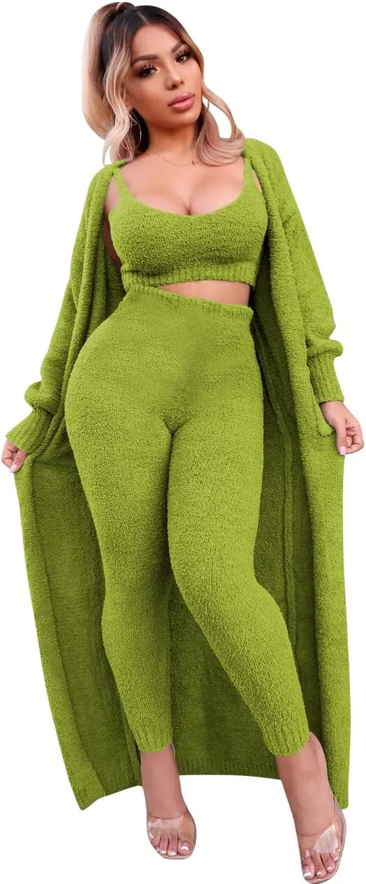 yidengymx Fleece Open Front Cardigan Crop Tank Tops & Bodycon Long Pants Loungewear Sets for Women Womens Fuzzy 3 Piece Sweatsuit, Fall Winter Pajamas Three Piece Knit Tracksuit Outfits
