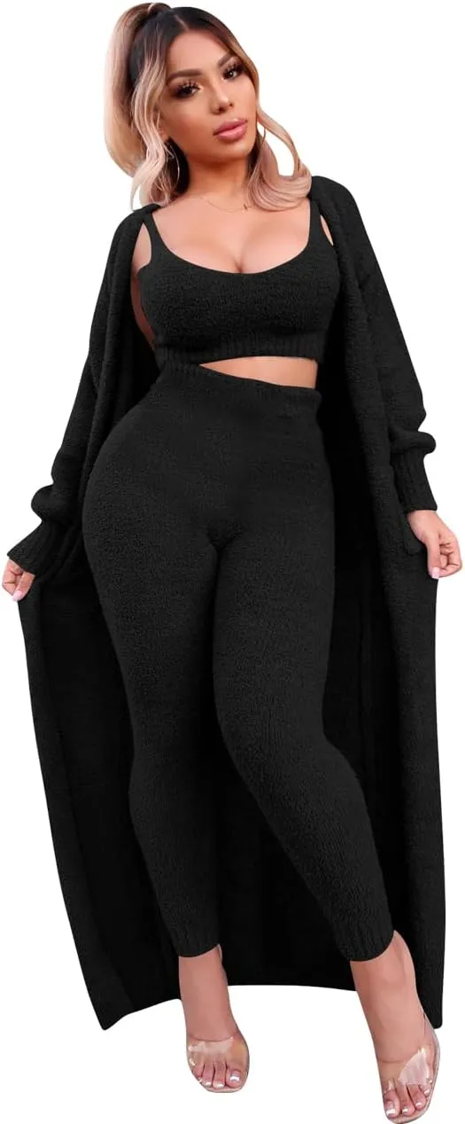 yidengymx Womens Fuzzy 3 Piece Sweatsuit Fleece Open Front Cardigan Crop Tank Tops & Bodycon Long Pants Loungewear Sets for Women, Fall Winter Pajamas Three Piece Knit Tracksuit Outfits Black