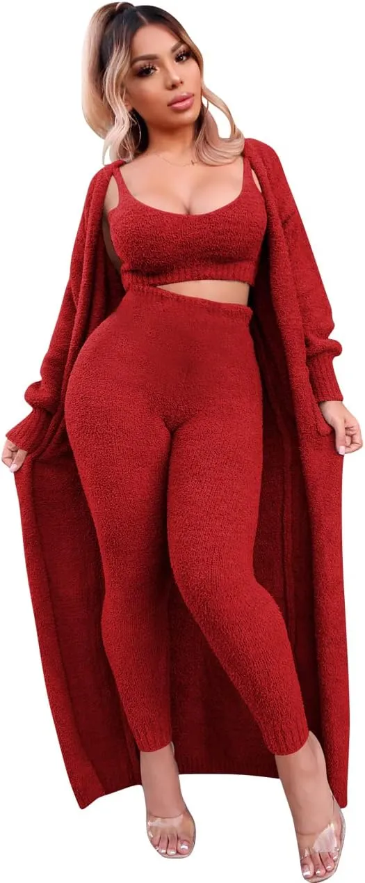 yidengymx Womens Fuzzy 3 Piece Sweatsuit Fleece Open Front Cardigan Crop Tank Tops & Bodycon Long Pants Loungewear Sets for Women, Fall Winter Pajamas Three Piece Knit Tracksuit Outfits