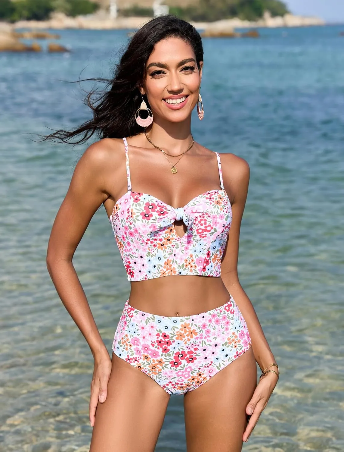 ZAFUL Women Ribbed Keyhole Tied High Waisted Bikini Spaghetti Straps Two Pieces Swimsuit Bathing Suit
