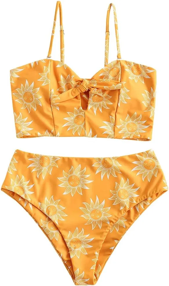 ZAFUL Women Ribbed Keyhole Tied High Waisted Bikini Spaghetti Straps Two Pieces Swimsuit Bathing Suit