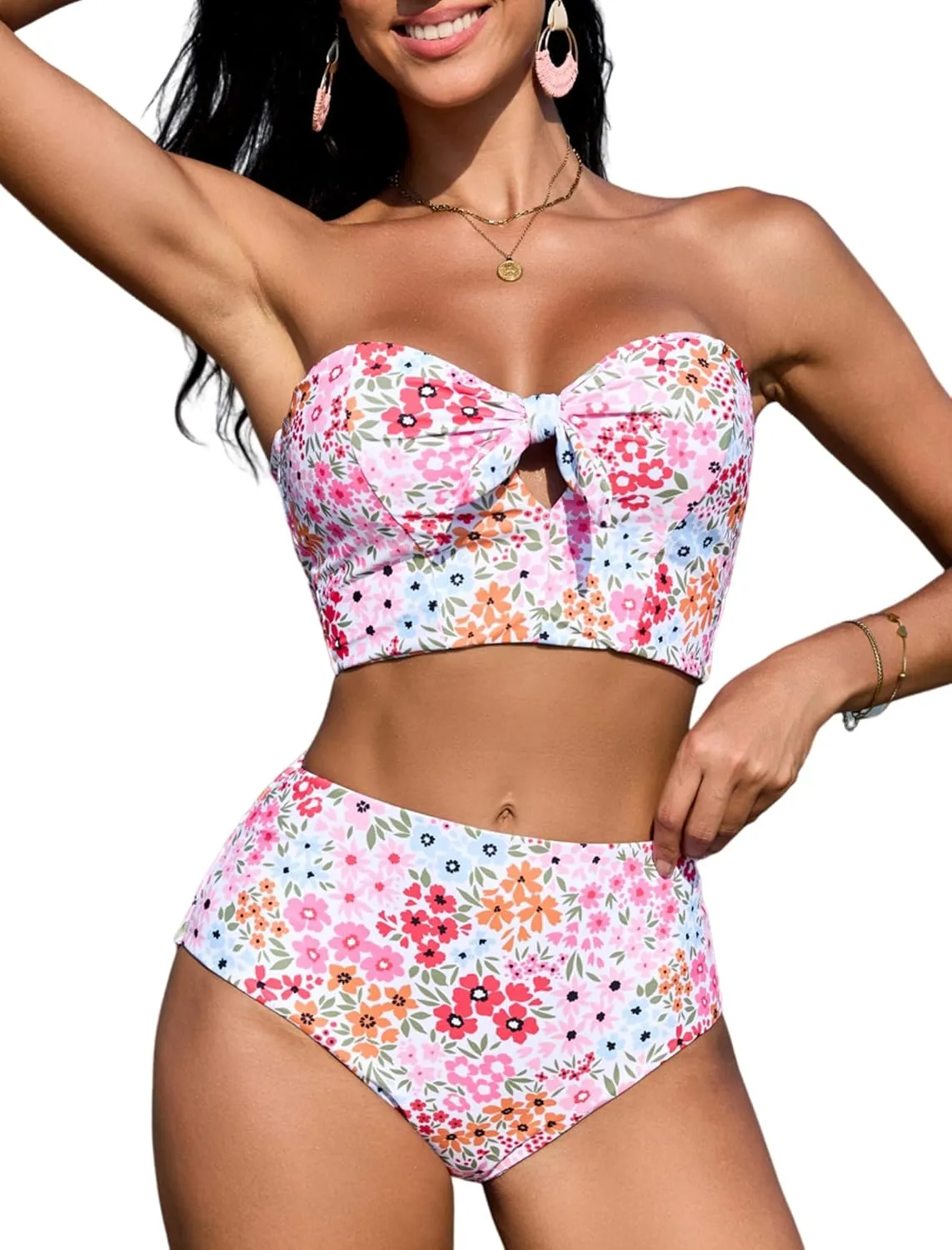ZAFUL Women Ribbed Keyhole Tied High Waisted Bikini Spaghetti Straps Two Pieces Swimsuit Bathing Suit