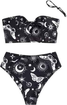 ZAFUL Women Ribbed Keyhole Tied High Waisted Bikini Spaghetti Straps Two Pieces Swimsuit Bathing Suit