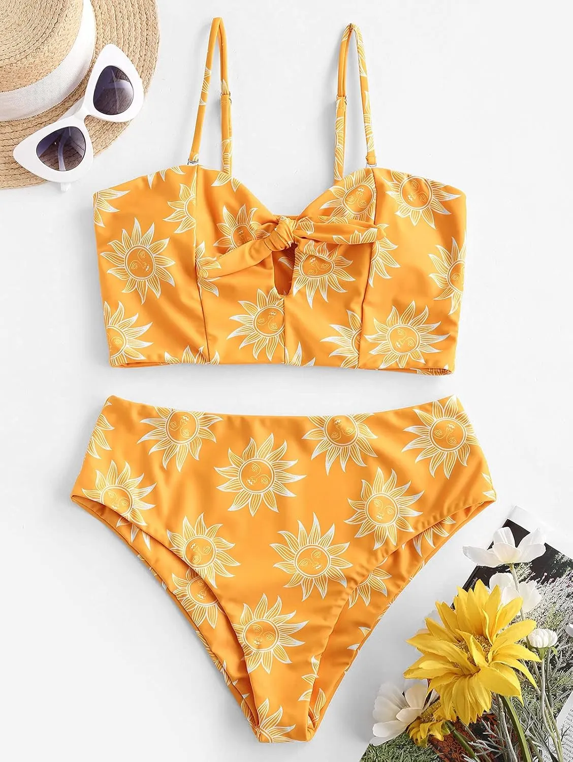 ZAFUL Women Ribbed Keyhole Tied High Waisted Bikini Spaghetti Straps Two Pieces Swimsuit Bathing Suit